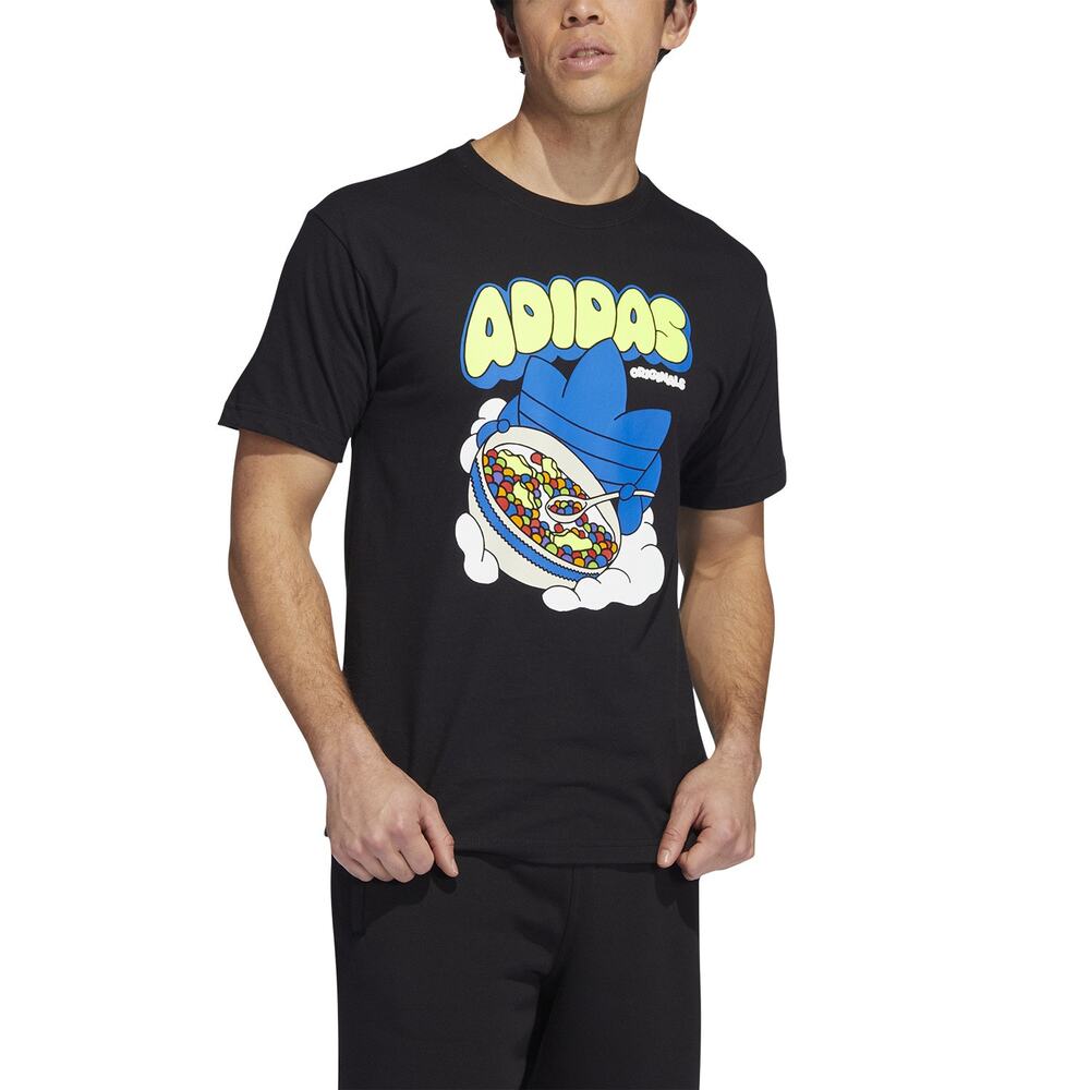 NWOT ADIDAS Originals T-Shirt S Black Graphic Neon-Yellow Blue Logo Short Sleeve
